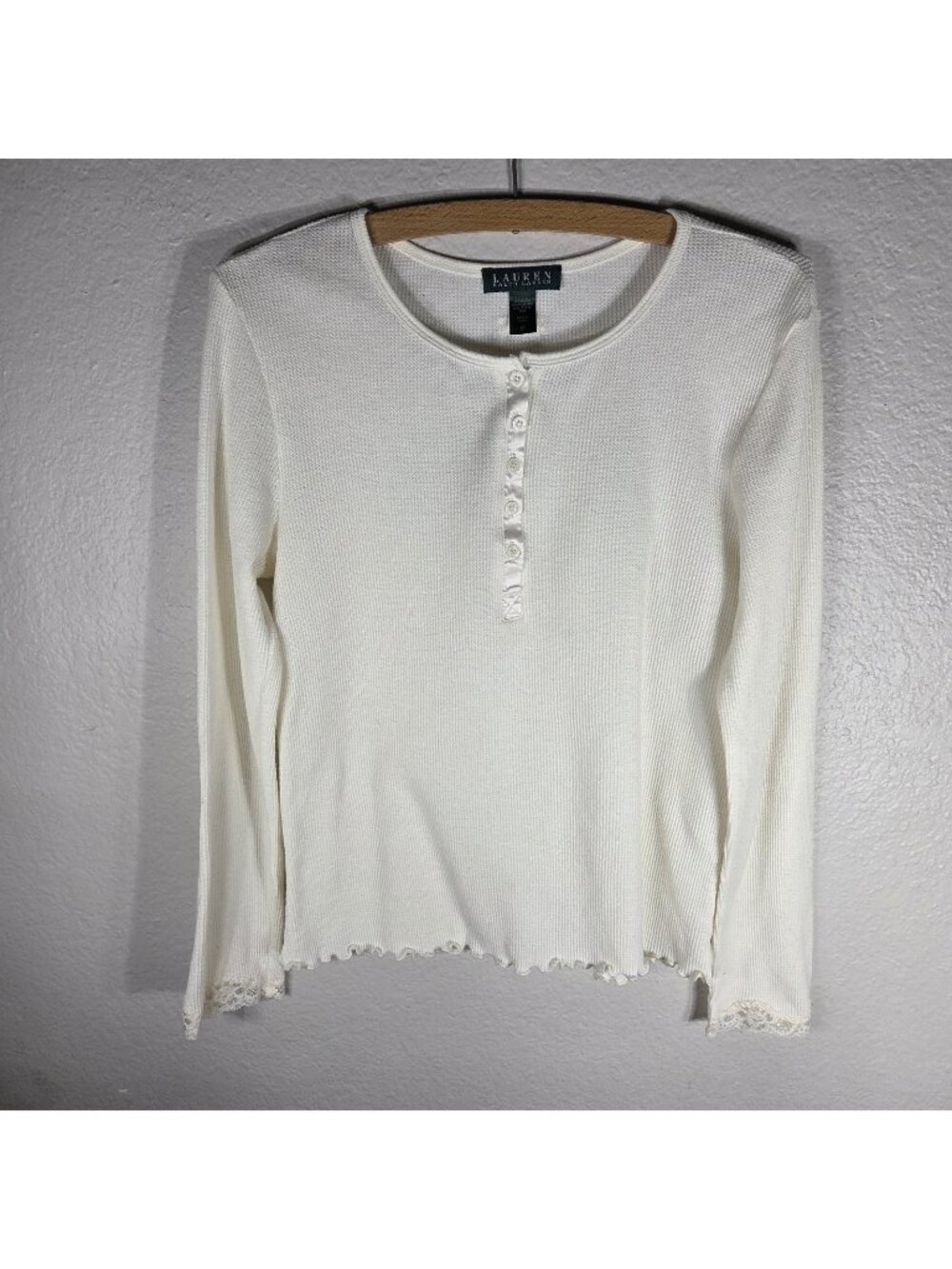 VTG Lauren Ralph Lauren Top Ivory Long Sleeve Size M Waffle Knit Lace Button Up